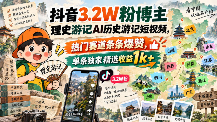 抖音3.2W粉博主理史游记AI历史游记短视频教学，热门赛道条条爆赞，单条独家精选收益1k+
