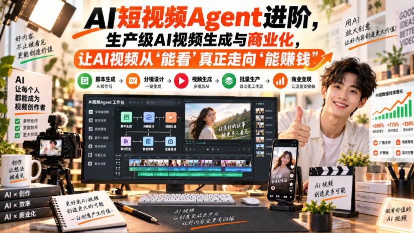 AI短视频Agent进阶，生产级AI视频生成与商业化，让AI视频从”能看”真正走向”能賺钱”