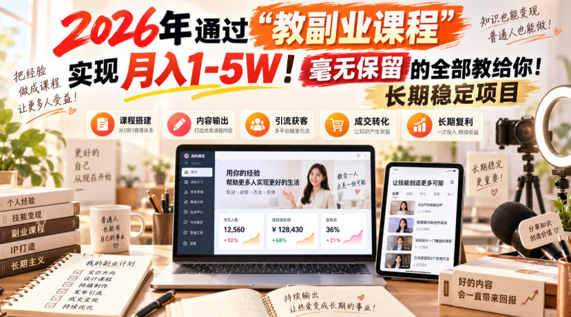 2026年通过“教副业课程”实现月入1-5W！毫无保留的全部教给你！长期稳定项目【揭秘】
