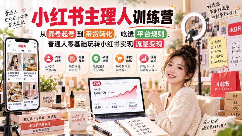 小红书主理人训练营，从养号起号到带货转化，吃透平台规则，普通人零基础玩转小红书实现流量变现