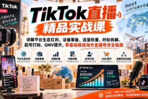 TikTok直播精品实战课，详解平台生态红利、设备筹备、流量权重、对标拆解、起号打标、GMV提升，零基础精通海外直播带货全链路