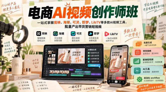 电商AI视频创作师班，一站式掌握剪映、海螺、可灵、即梦、LibTV等多款AI视频工具，批量产出带货营销短视频