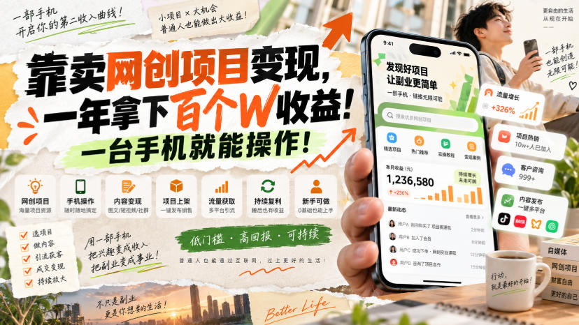 靠卖网创项目变现，一年拿下百个W收益！一台手机就能操作！【揭秘】