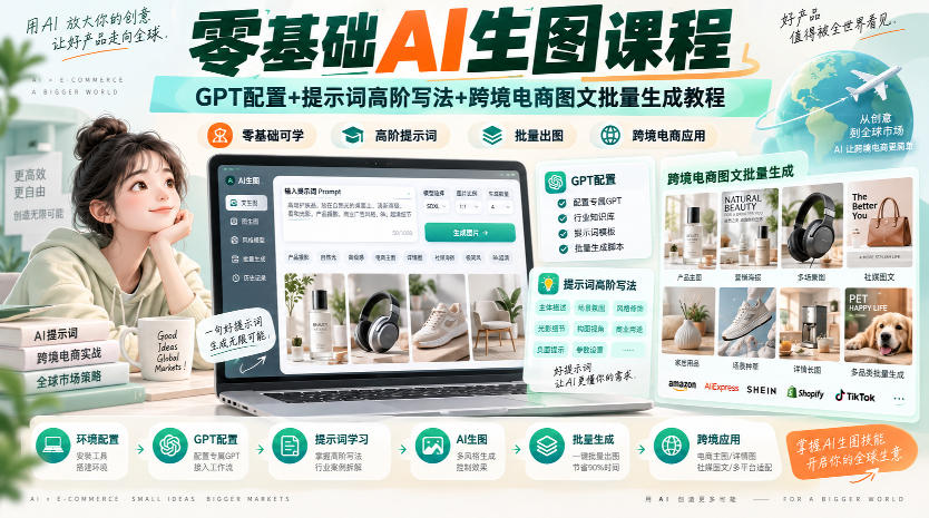 零基础AI生图课程,GPT配置+提示词高阶写法+跨境电商图文批量生成教程