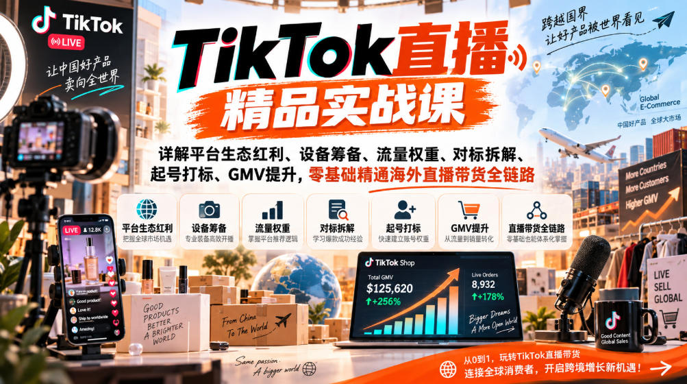 TikTok直播精品实战课,详解平台生态红利、设备筹备、流量权重、对标拆解、起号打标、GMV提升,零基础精通海外直播带货全链路