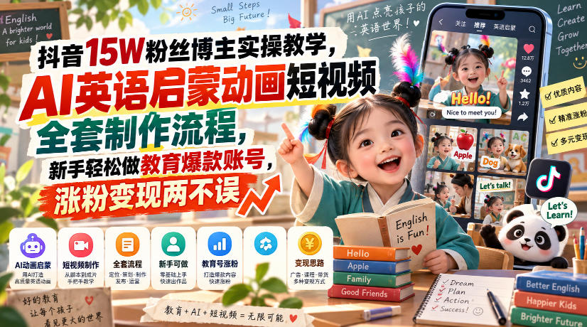 抖音15W粉丝博主实操教学，AI英语启蒙动画短视频全套制作流程，新手轻松做教育爆款账号，涨粉变现两不误