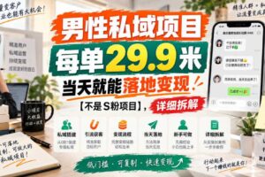 男性私域项目，每单29.9米，当天就能落地变现【不是S粉项目】，详细拆解