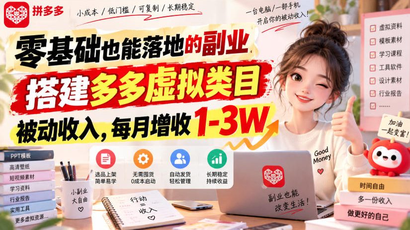 零基础也能落地的副业，搭建多多虚拟类目被动收入，每月增收1-3W【揭秘】