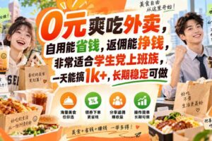 0元爽吃外卖，自用能省钱，返佣能挣钱，非常适合学生党上班族，一天能搞1k+，长期稳定可做
