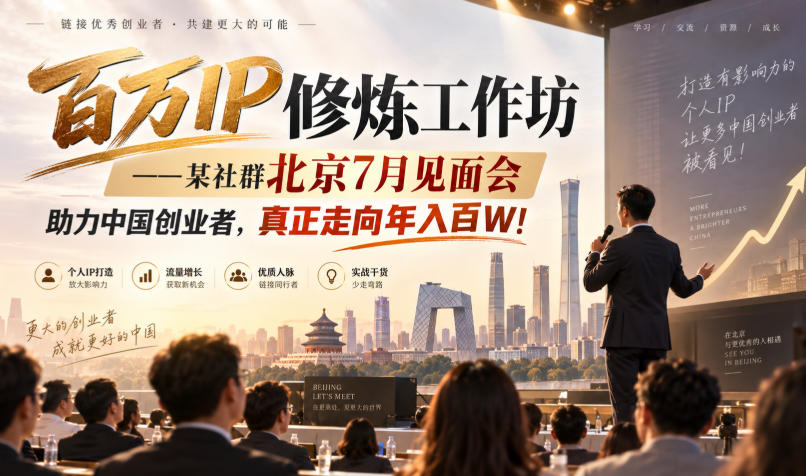 百万IP修炼工作坊——某社群北京7月见面会，助力中国创业者，真正走向年入百W!