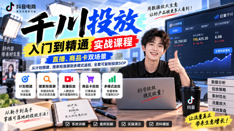 千川投放入门到精通实战课程，直播、商品卡双场景，从计划搭建、搜索抢首屏到多模式追投，全套可复制投放SOP