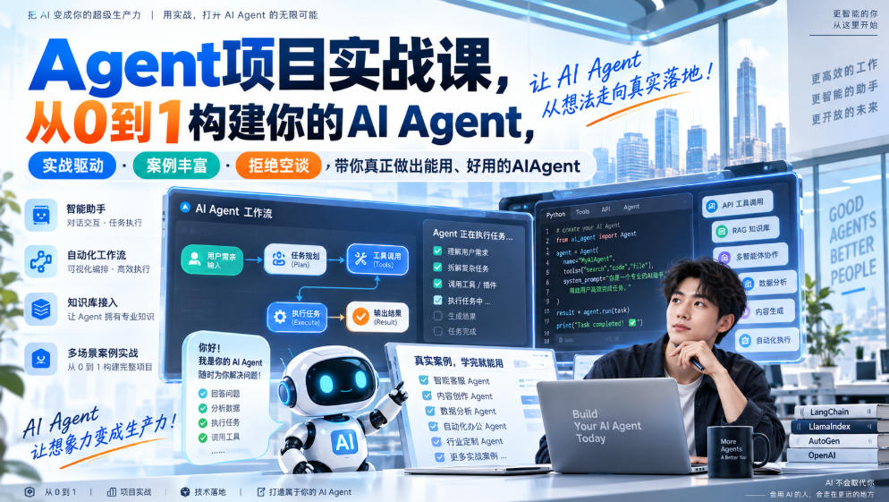 Agent项目实战课，从0到1构建你的AI Agent，实战驱动·案例丰富·拒绝空谈，带你真正做出能用、好用的AIAgent