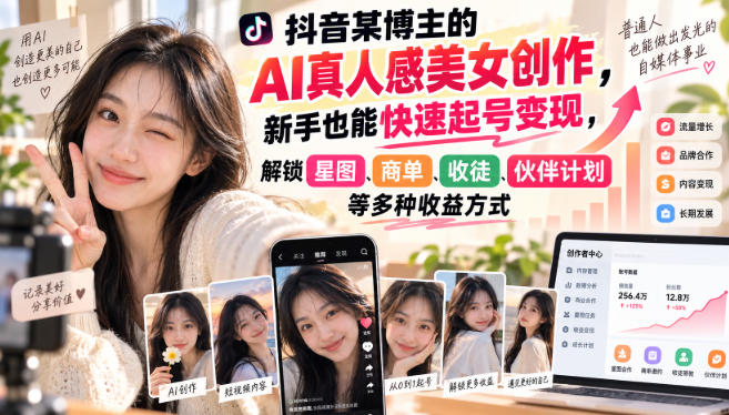 抖音某博主的AI真人感美女创作，新手也能快速起号变现，解锁星图，商单，收徒，伙伴计划等多种收益方式