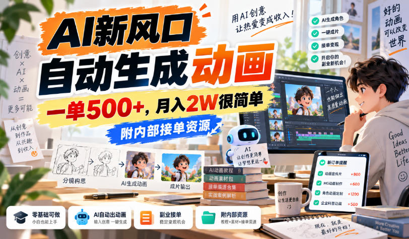 AI新风口，自动生成动画，一单500+，月入2W很简单，附内部接单资源【揭秘】
