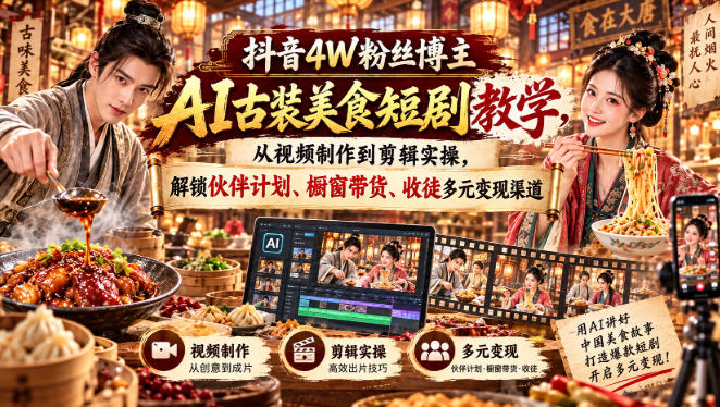 抖音4W粉丝博主AI古装美食短剧教学，从视频制作到剪辑实操，解锁伙伴计划、橱窗带货、收徒多元变现渠道