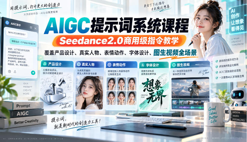 AIGC提示词系统课程，Seedance2.0商用级指令教学，覆盖产品设计、真实人物、表情动作、字体设计、图生视频全场景