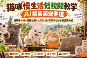 猫咪慢生活短视频教学，AI搞笑萌宠赛道，视频号分成+精选独家+伙伴计划+商单收徒等多种变现方式