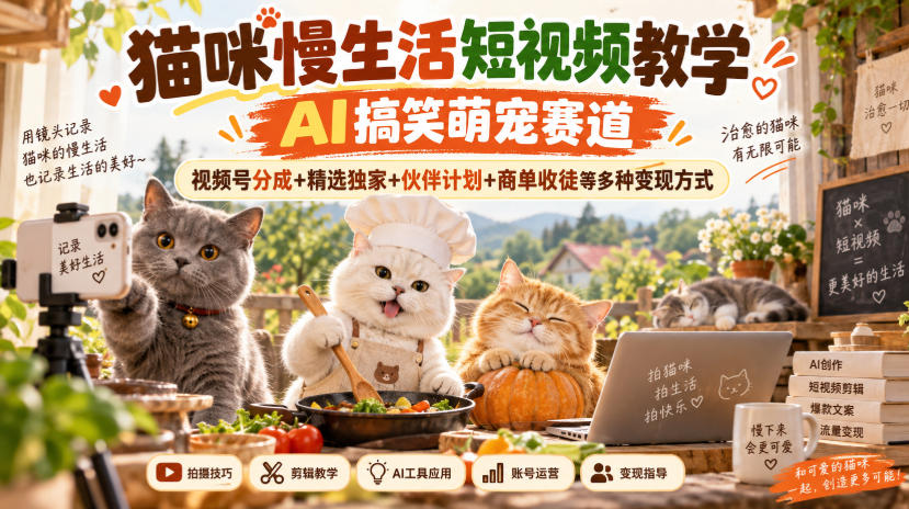 猫咪慢生活短视频教学，AI搞笑萌宠赛道，视频号分成+精选独家+伙伴计划+商单收徒等多种变现方式