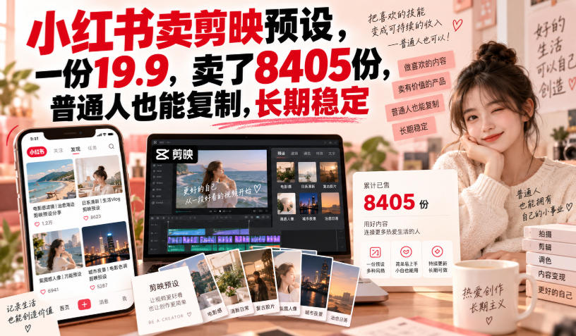 小红书卖剪映预设，一份19.9，卖了8405份，普通人也能复制，长期稳定