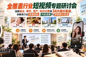 短视频专题研讨会,深耕美业、餐饮、房产、知识付费等34大细分赛道,拆解各行业流量规则、内容逻辑与变现核心玩法