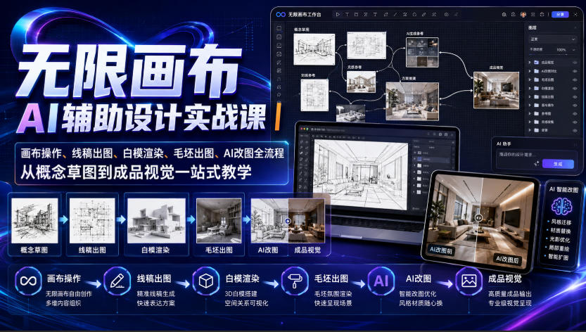 无限画布AI辅助设计实战课｜画布操作、线稿出图、白模渲染、毛坯出图、AI改图全流程，从概念草图到成品视觉一站式教学（更新0923）