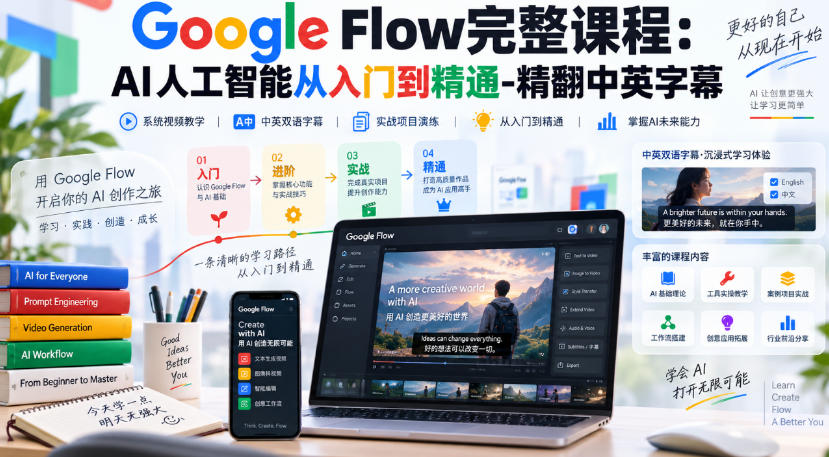 【无水印】Google Flow完整课程：AI人工智能从入门到精通-精翻中英字幕