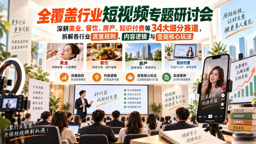 短视频专题研讨会，深耕美业、餐饮、房产、知识付费等34大细分赛道，拆解各行业流量规则、内容逻辑与变现核心玩法