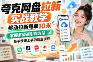 夸克网盘拉新实战教学，移动拉新每单10米，掌握多渠道引流方法，新手快速上手的副业项目