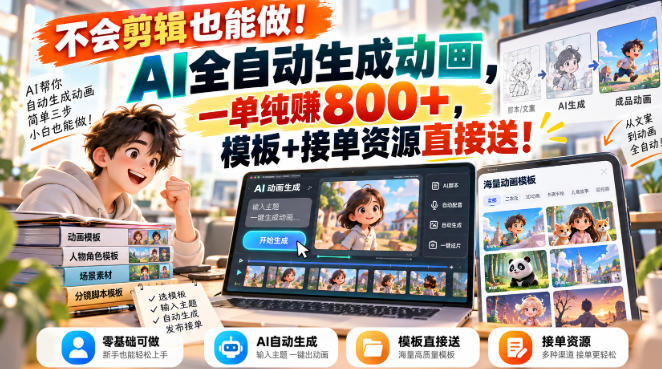 不会剪辑也能做！AI全自动生成动画，一单纯賺800+，模板+接单资源直接送！【揭秘】