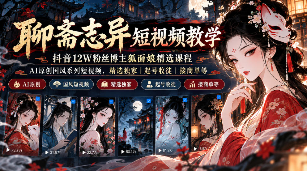 聊斋志异短视频教学，抖音12W粉丝博主狐面娘精选课程，AI原创国风系列短视频，精选独家丨起号收徒丨接商单等