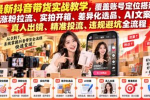 最新抖音带货实战教学，覆盖账号定位搭建、涨粉拉流、实拍开箱、差异化选品、AI文案、真人出镜、精准投流、违规避坑全流程