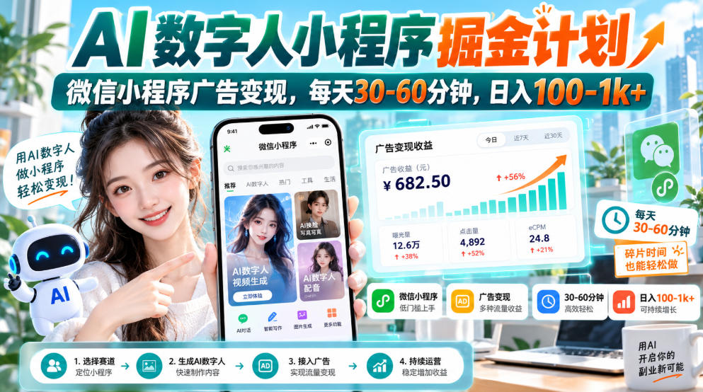【无水印】AI数字人小程序掘金计划，微信小程序广告变现，每天30‑60分钟，日入100‑1k+