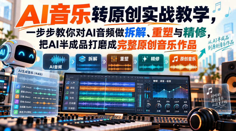 AI音乐转原创实战教学，一步步教你对AI音频做拆解、重塑与精修，把AI半成品打磨成完整原创音乐作品