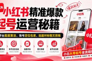 小红书精准爆款起号运营秘籍,从平台底层算法、账号定位包装、选题对标图文剪辑,小白从零起号全流程