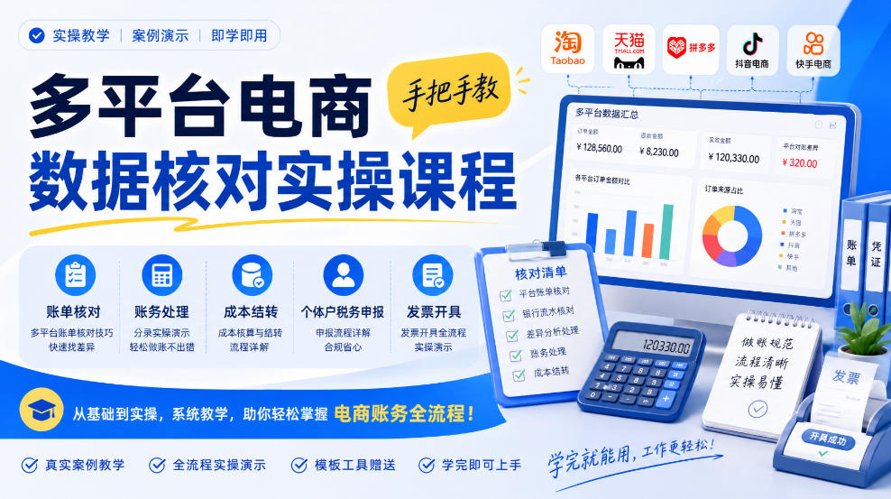 多平台电商数据核对实操课程，手把手教账单核对、账务处理、成本结转、个体户税务申报与发票开具