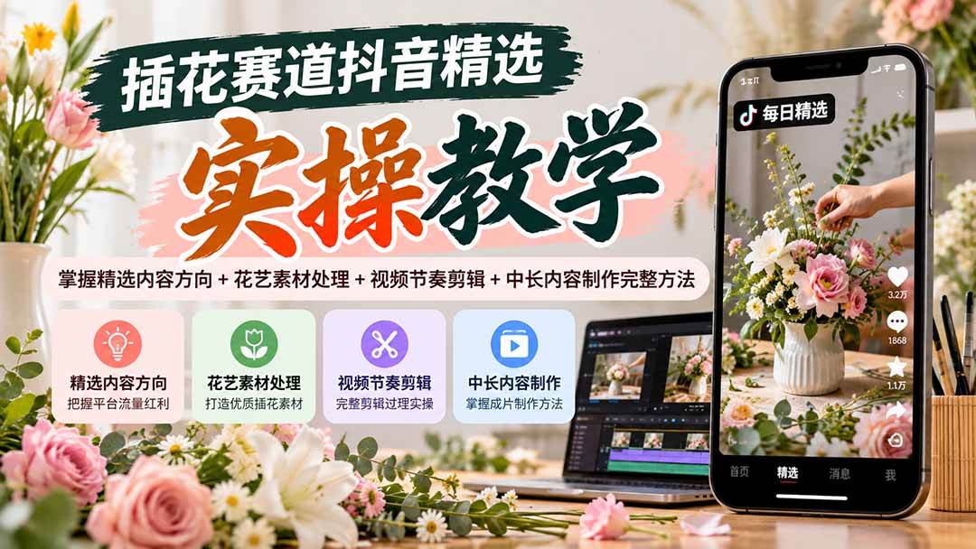 （20775期）插花赛道抖音精选实操教学：掌握精选内容方向+花艺素材处理+视频节奏剪辑+中长内容制作完整方法