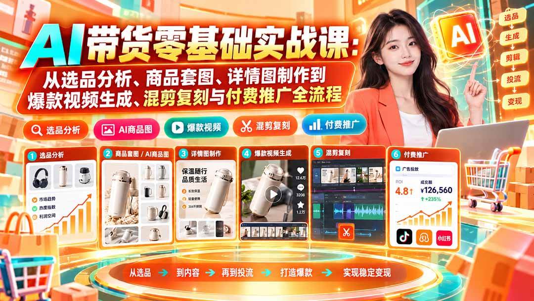 (20856期)AI带货零基础实战课:从选品分析、商品套图、详情图制作到爆款视频生成、混剪复刻与付费推广全流程