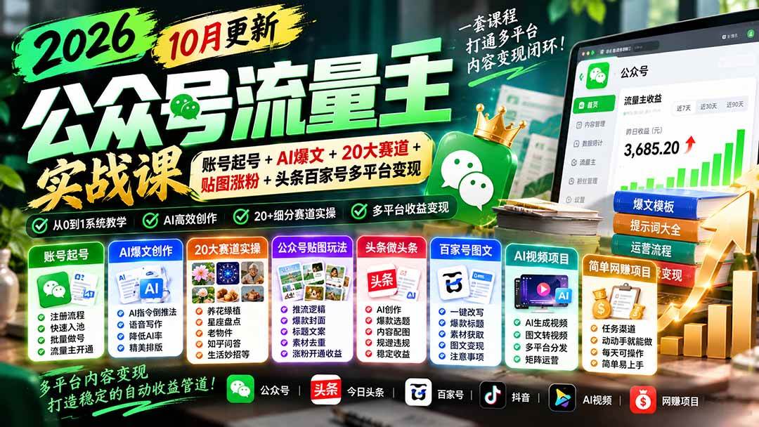 (20878期)2026公众号流量主实战课-10月更新:账号起号+AI爆文+20大赛道+贴图涨粉+头条百家号多平台变现