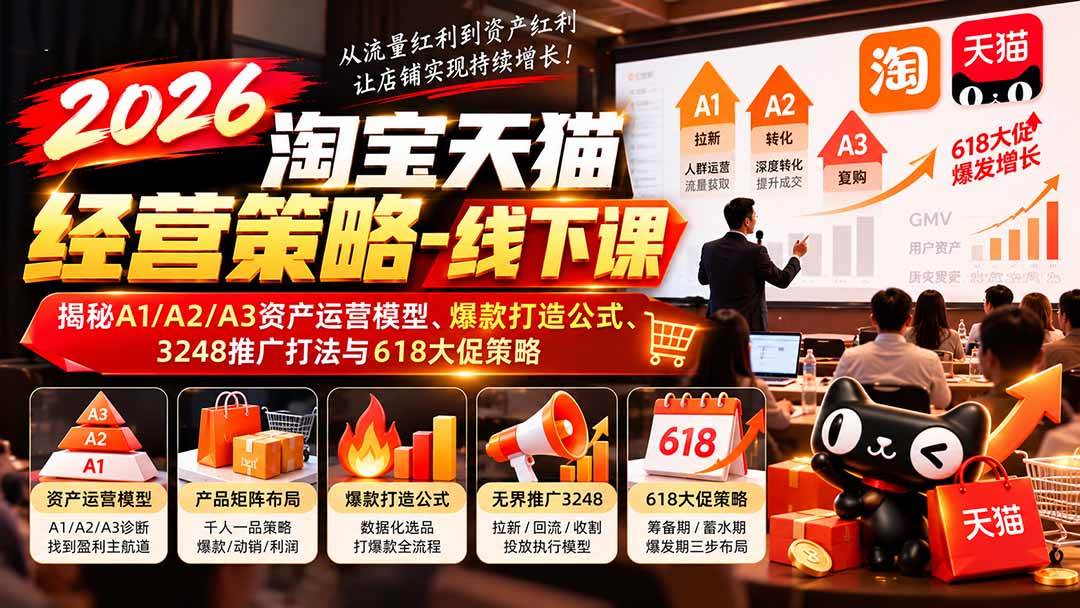 (20912期)2026淘宝天猫经营策略-线下课:揭秘A1/A2/A3资产运营模型、爆款打造公式、3248推广打法与618大促策略