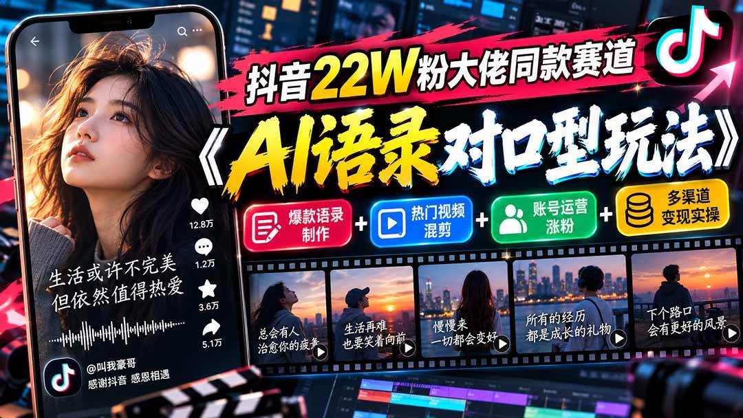 （20990期）抖音22W粉大佬同款赛道《AI语录对口型玩法》：爆款语录制作+热门视频混剪+账号运营涨粉+多渠道变现实操