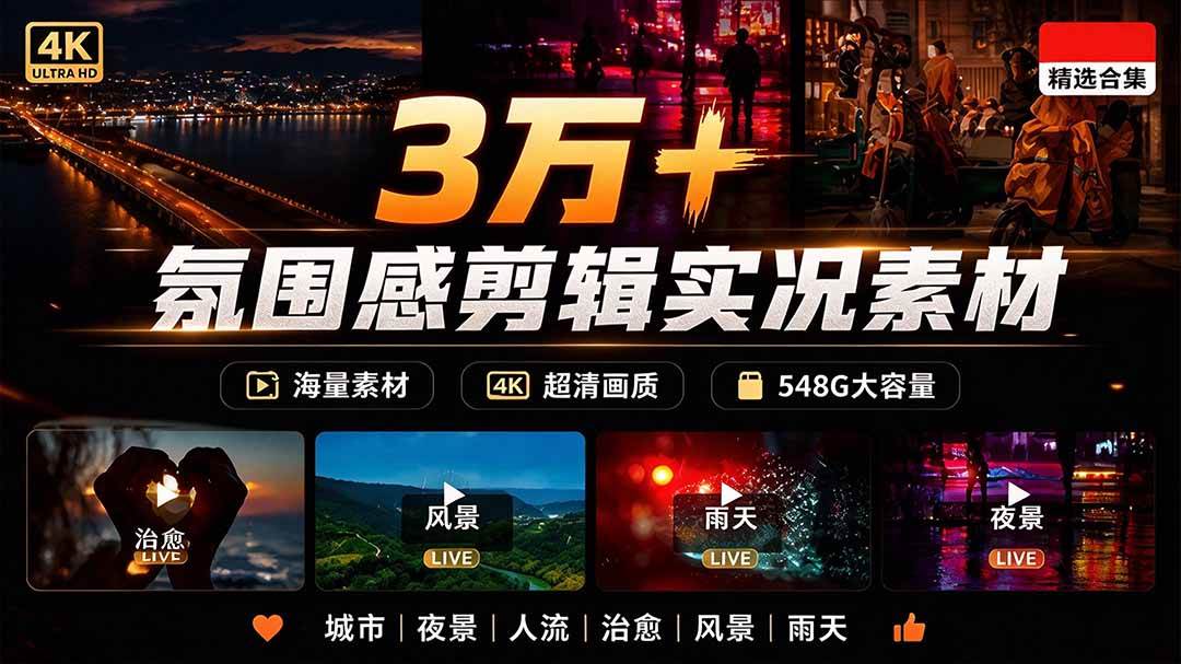 （21009期）氛围感3万+海量高清剪辑实况素材，含雨天、雪天、夜景、街道等经典场景，伤感唯美励志短视频无水印素材