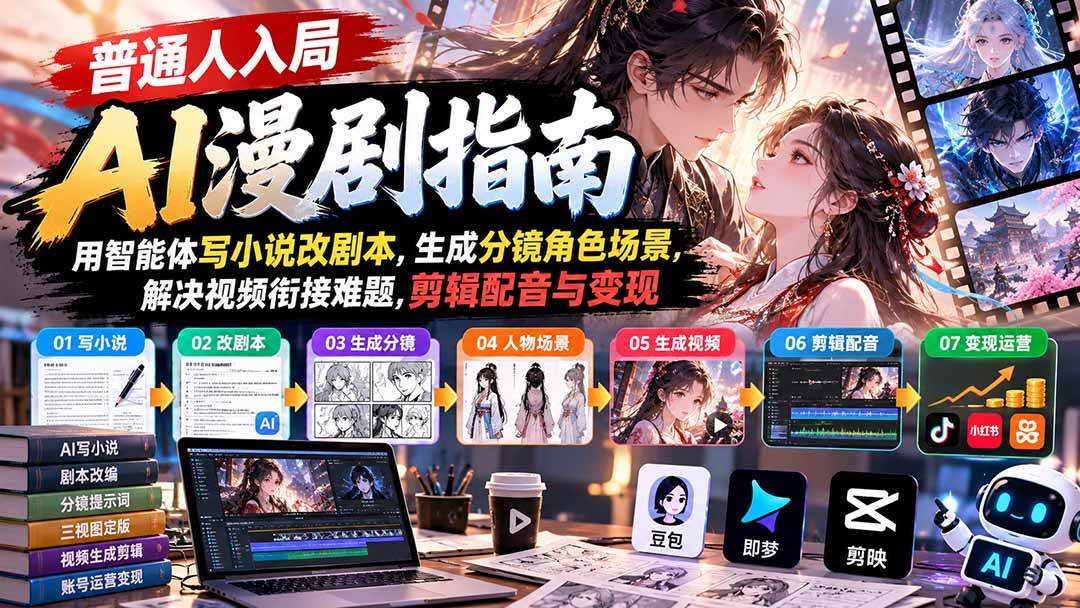 （21033期）【无水印】普通人入局AI漫剧指南：用智能体写小说改剧本，生成分镜角色场景，解决视频衔接难题，剪辑配音与变现
