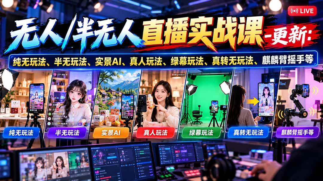 （21072期）无人/半无人直播实战课-10月20更新：纯无玩法、半无玩法、实景AI、真人玩法、绿幕玩法、真转无玩法、麒麟臂摇手等
