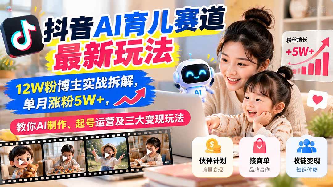 （21082期）抖音AI育儿赛道最新玩法：12W粉博主实战拆解，单月涨粉5W+，教你AI制作、起号运营及三大变现玩法