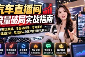 （21113期）汽车直播间流量破局实战指南：掌握推流数据、冷启动起号、老号重启、四大破层打法、互动留人及客户留资转化技巧