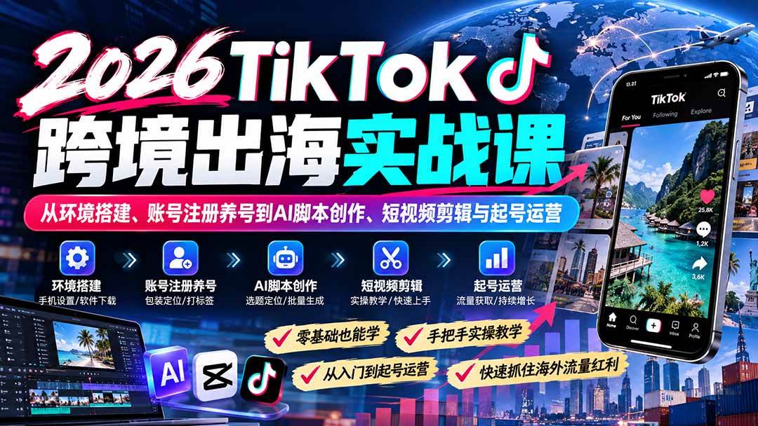 （21170期）2026TikTok跨境出海实战课：从环境搭建、账号注册养号到AI脚本创作、短视频剪辑与起号运营