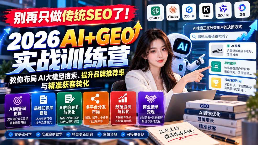（21191期）别再只做传统SEO了！《2026AI+GEO实战训练营》教你布局AI大模型搜索、提升品牌推荐率与精准获客转化