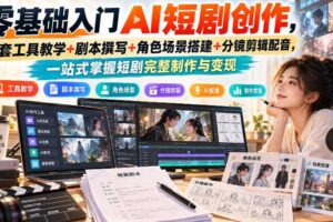 零基础入门AI短剧创作，全套工具教学+剧本撰写+角色场景搭建+分镜剪辑配音，一站式掌握短剧完整制作与变现