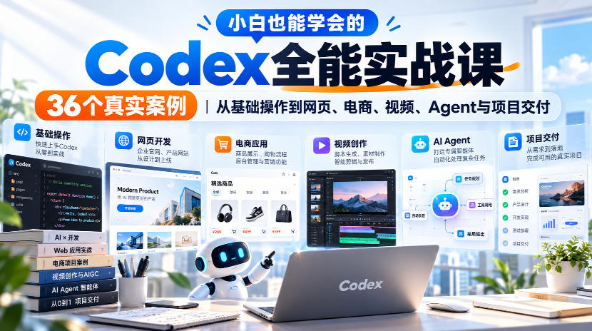 小白也能学会的Codex全能实战课｜36个真实案例，从基础操作到网页、电商、视频、Agent与项目交付