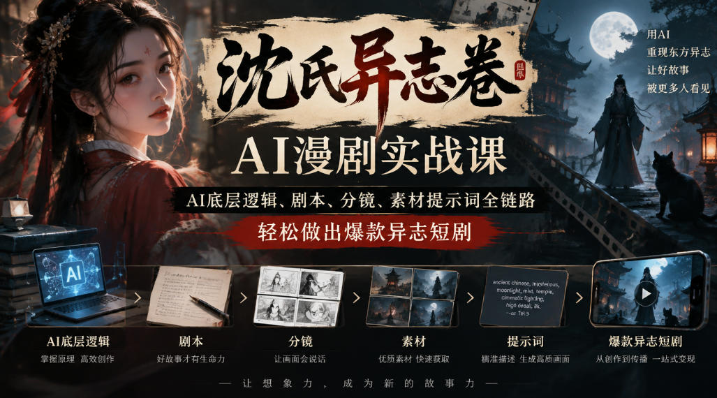 沈氏异志卷AI漫剧实战课｜AI底层逻辑、剧本、分镜、素材提示词全链路，轻松做出爆款异志短剧